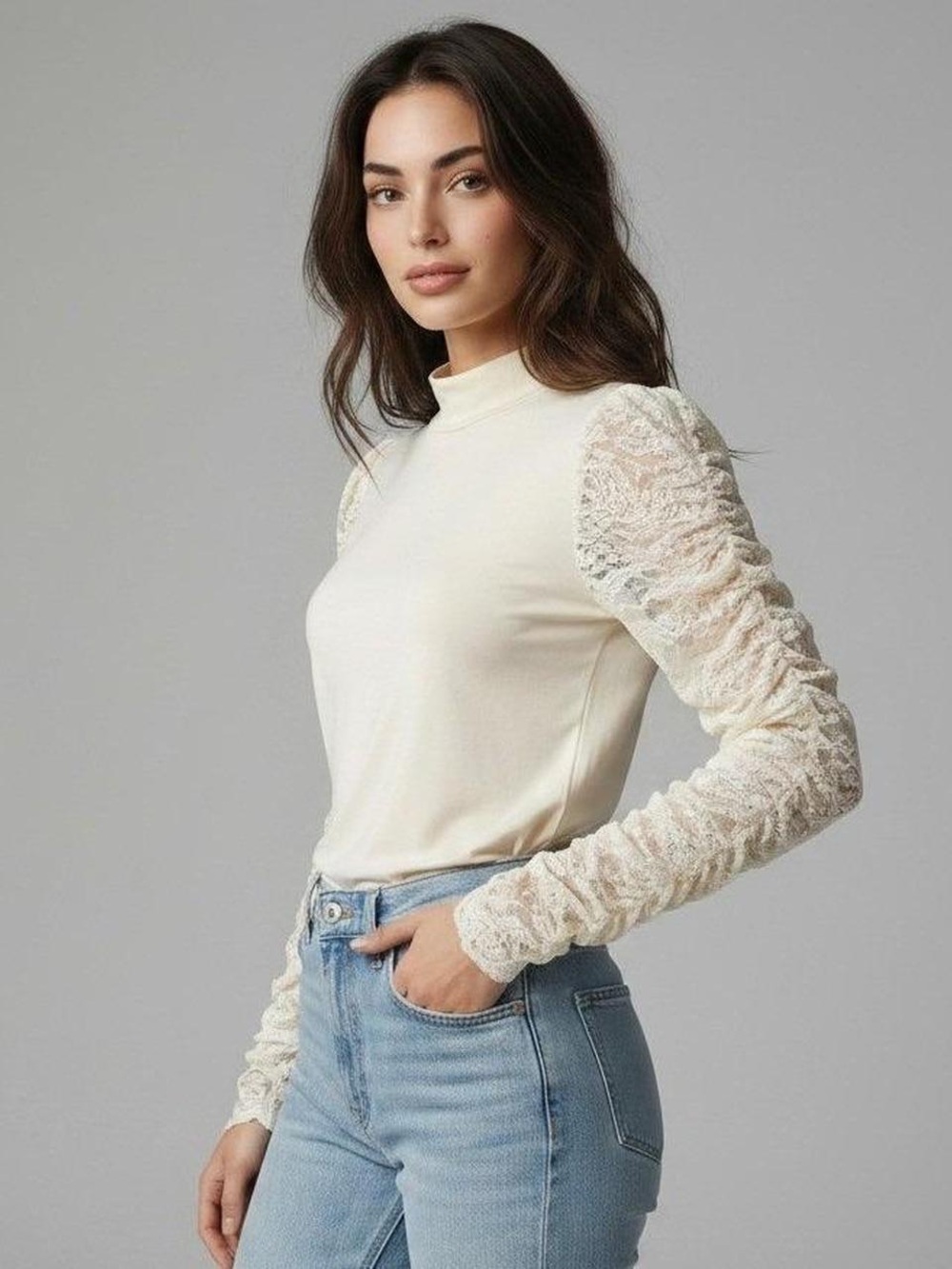 Maeve by Anthropologie Long-Sleeve Lace Mock Neck Top - Cream